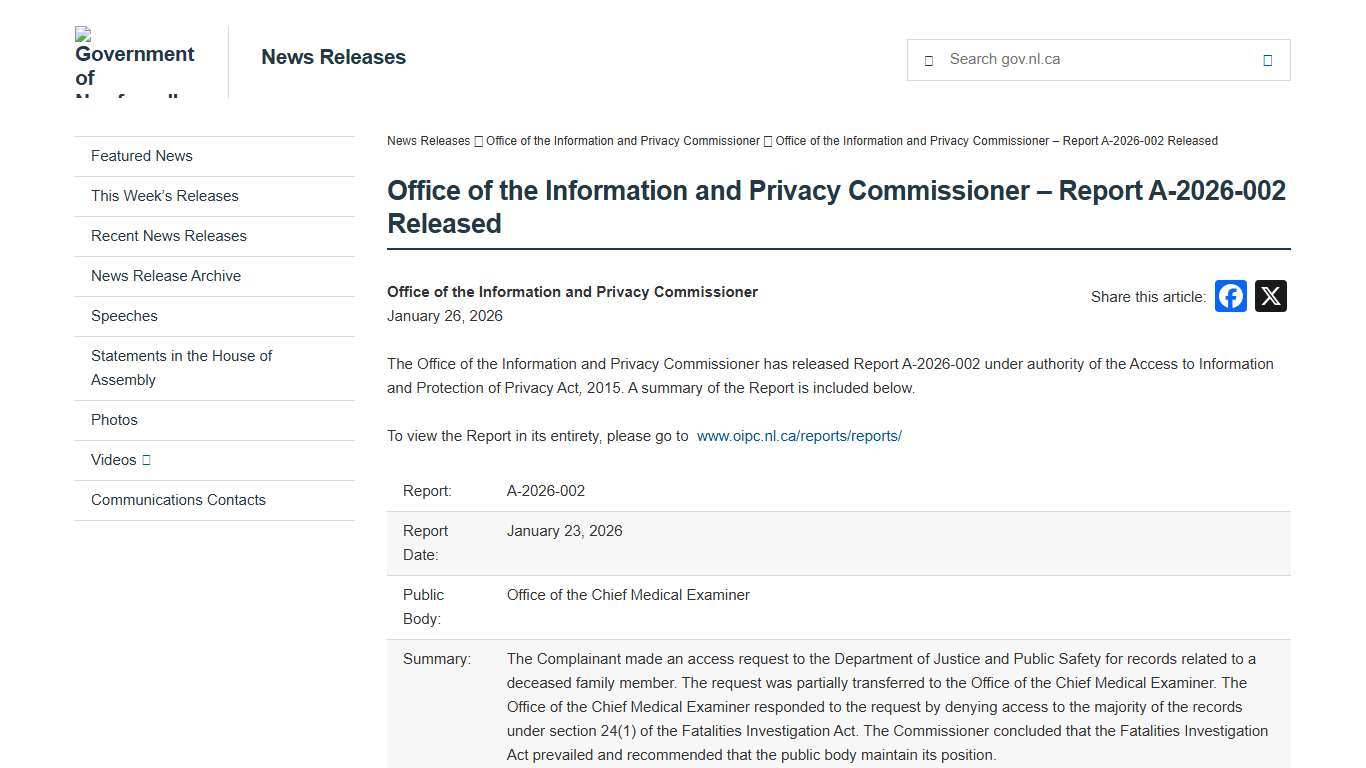 Office of the Information and Privacy Commissioner – Report A-2026-002 Released - News Releases